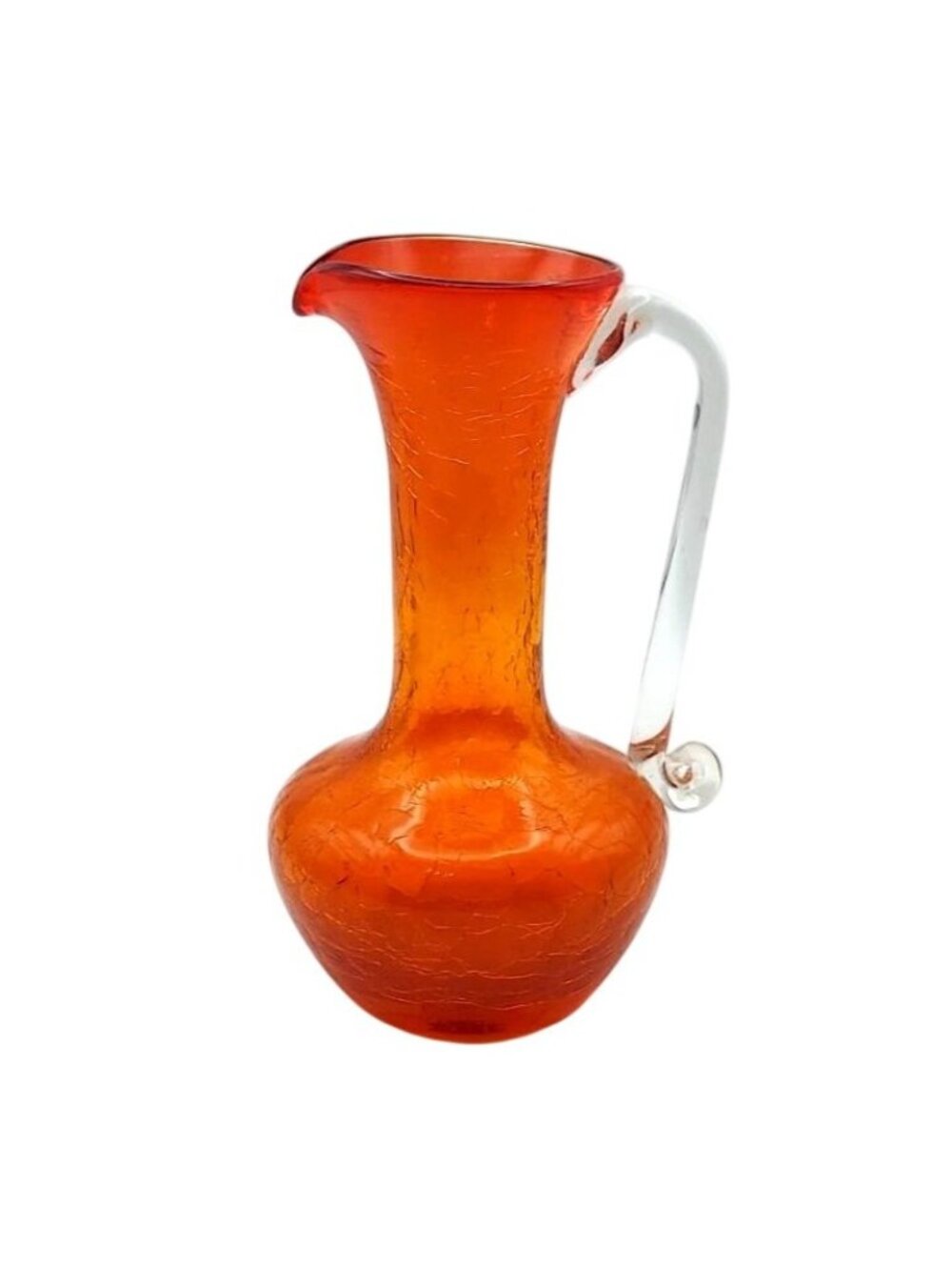 Hand Blown Crackle Glass Pitcher Ewer Tangerine Orange Applied Handle MCM Vtg